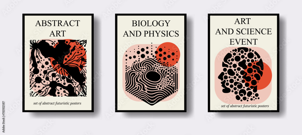 Poster set of science-themed posters with abstract compositions of geometric figures and simple stylized il