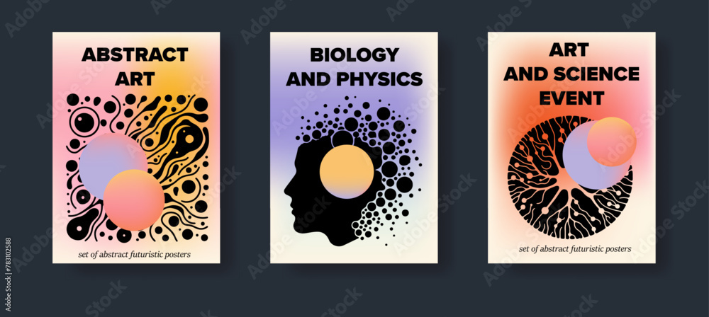 Poster set of science-themed posters with abstract compositions of geometric figures and simple stylized il