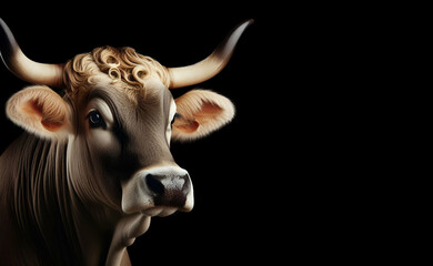 Animal portrait of a texas longhorn ox on a black background conceptual for frame, generative ai