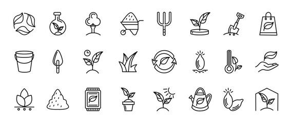 Plant line icons. Tree growing. Seedling growth. Leaves and flower. Green environment. Soil for seeds cultivating. Thin hand strokes. Watering can. Garden care. Grass life. Vector tidy symbols set