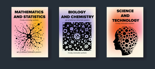 Set of science-themed posters with abstract compositions of geometric figures and simple stylized illustrations of the human head and nerve cells.