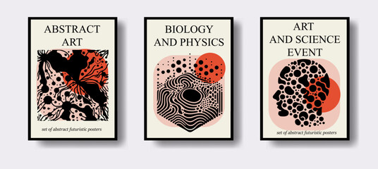 Set of science-themed posters with abstract compositions of geometric figures and simple stylized illustrations of the human head and nerve cells. - 783102587