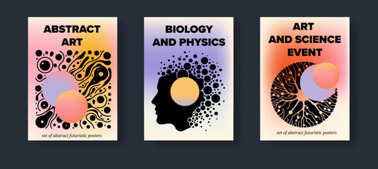Set of science-themed posters with abstract compositions of geometric figures and simple stylized illustrations of the human head and nerve cells. - 783102588