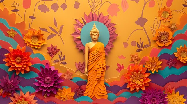 Stand buddha statue with nature, floral. design in papercut style. colorful background.