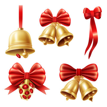 Christmas golden bell and bow isolated on transparent background