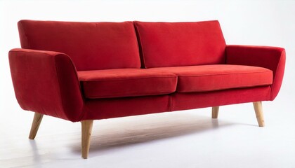 A staple food in the world of comfort, a red couch with wooden legs on a white background