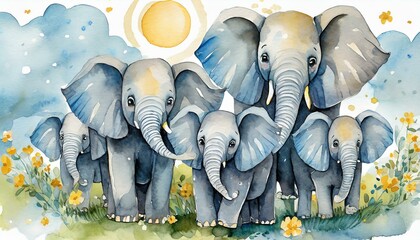 Group of cute cartoon elephants on white background
