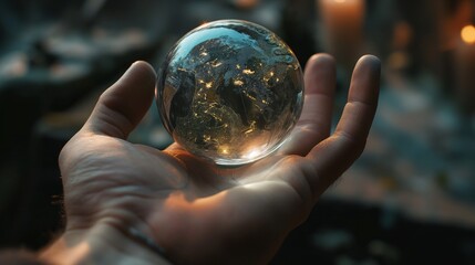 hand holding the crystal earth ball. present technology of global background