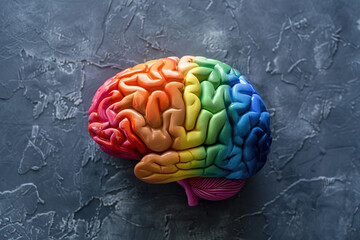 A colorful human brain with LGTBI colors on a grey background.
