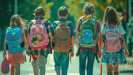 kids with backpacks walking to school, back view, stock photo, sunny day, bright colors.
