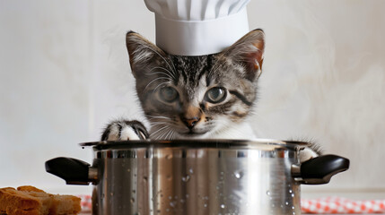 A cat-chef in a chef's hat cooking in the kitchen, stirring the contents of a large pot 