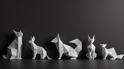 Black and white origami animals assortment on dark background