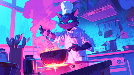 A cat-chef in a chef's hat cooking in the kitchen, stirring the contents of a large pot  - obrazy, fototapety, plakaty