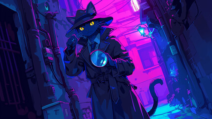 A cat-detective in a fedora and trench coat standing in a dark alley, holding a magnifying glass - obrazy, fototapety, plakaty