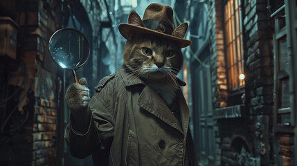 A cat-detective in a fedora and trench coat standing in a dark alley, holding a magnifying glass - obrazy, fototapety, plakaty