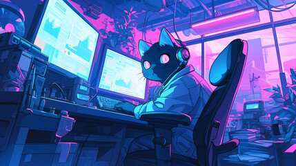 A cat-journalist sitting at a computer in a newsroom, typing an article - obrazy, fototapety, plakaty