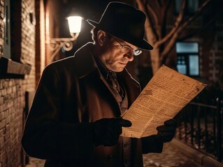 Determined Vintage Detective Examining Clues Under Dim Street Lamp, Noir Mystery Scene, Gritty Alleyway Setting, Weathered Investigator Studying Parchment