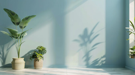 modern empty  living room with a window blue wall, plants , empty copy space