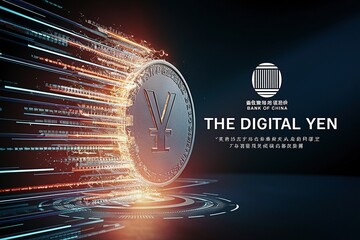 A concept for the Digital Yen coin by the Bank of China, featuring a coin superimposed with glowing circuitry, symbolizing the fusion of traditional currency and digital innovation. - obrazy, fototapety, plakaty