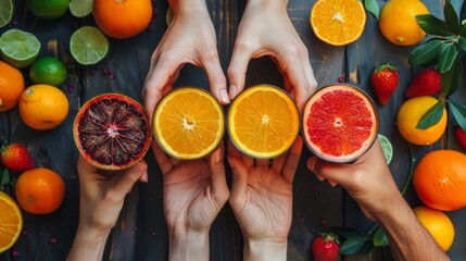 A group of people holding up slices of oranges, lemons and limes, AI - obrazy, fototapety, plakaty