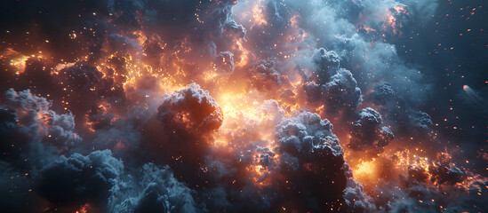 Fototapeta premium Blurry Cybernetic Warzone with Clashing Factions Obscured by Smoke and Debris in a Storm of Gunfire and Explosions