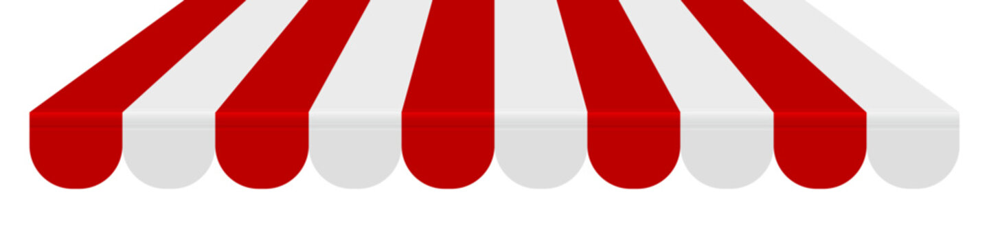 Shop awning tent. Cafe sunshade, store canopy, striped roof with red and white stripes. 3D realistic vector illustration isolated on white.