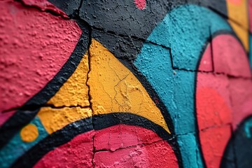 Cracked colorful mural close-up detail