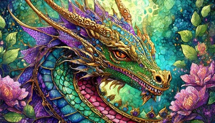 Magic dragon head close up. Art card