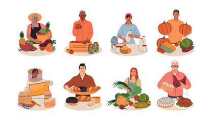 Farmers local market. Farm food. People selling eco grocery. Gardeners at counters. Apiary honey. Fresh fruit and vegetables. Poultry meat and eggs. Dairy product. Small business sellers vector set