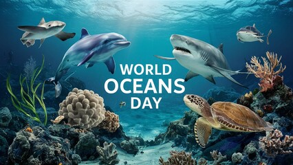 June 8, World oceans day, with underwater ocean, dolphin, shark, coral, sea plants, stingray and turtle