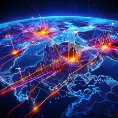 World map enhanced with glowing digital nodes and vibrant lines symbolizing internet connectivity and global network