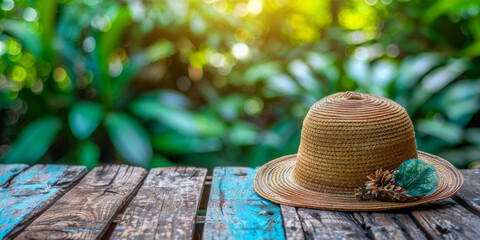 A straw hat is sitting on a wooden table in a lush green forest. The hat is adorned with a leaf, adding a touch of nature to the scene