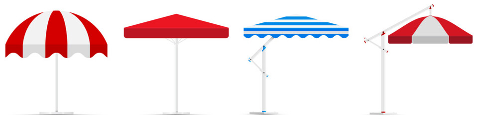Beach umbrella tent collection. Cafe sunshade, store canopy, striped roof with red and white stripes. 3D realistic vector illustration isolated on white.