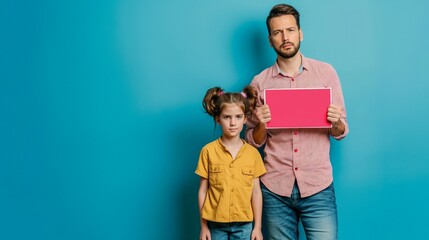 Eltern mit Kind in Erziehungsfragen und Verbote für Kinder Isoliert Platz für Text vor einfarbigen Hintergrund Generative AI - obrazy, fototapety, plakaty