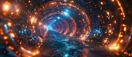 Blurry Tunnel of Futuristic Virtual Reality Theme Park with Thrilling Cosmic Attractions in Mesmerizing Blue Sci Fi Tone