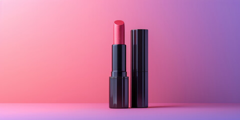 A standing lipstick against a pastel pink and purple gradient background
