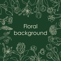 Floral background. Different wildflowers on green backdrop. Frame with copy space for cards, posters and prints. Square banner for social media post. Blooming plants. Vector isolated illustration