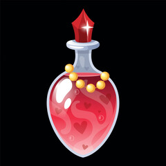 Magic bottle with potion. Red liquid glass vial, witch love elixir, magical wizard aphrodisiac beverage. Alchemy substance isolated element. Game ui object. Witchcraft chemistry. Vector illustration