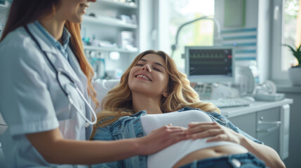 a woman lying on a table with her stomach up while the doctor caresses it and gently moves its muscles, showing playful energy as she wears casual in a bright medical office environment - obrazy, fototapety, plakaty