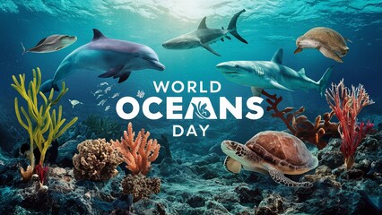 June 8, World oceans day, with underwater ocean, dolphin, shark, coral, sea plants, stingray and turtle