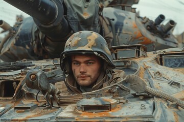 Close-up of a young soldier wearing a helmet inside a military tank with a focused expression