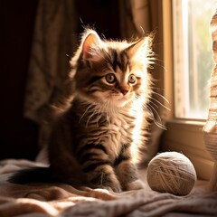 fluffy kitten engaging with a sewing ball