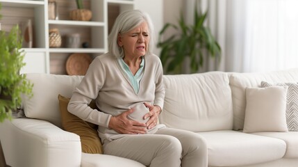 Older woman sitting on the sofa with stomach pain