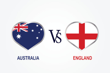 Australia Vs England, Cricket Match concept with creative illustration of participant countries flag Batsman and Hearts isolated on white background