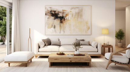 Wooden coffee table and ottoman chair near white fabric sofa against wall with big art poster...