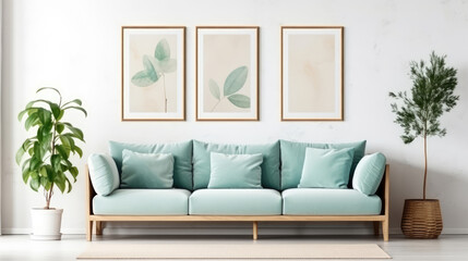 Teal sofa with beige pillow against white wall with poster frames. Scandinavian home interior design of modern living room Generative AI