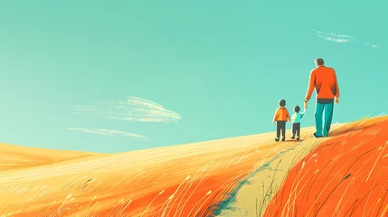 Fototapeten Orange and green tranquil rural grassy road character scene illustration poster background © jinzhen