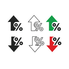 Percentage growth and decline icons. Percent arrow up and down flat style symbols