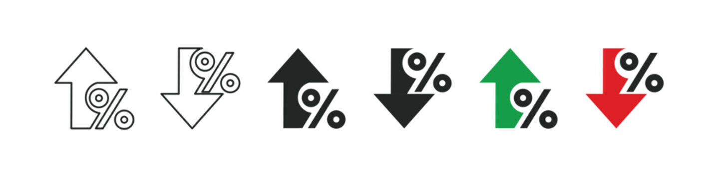 Percentage growth and decline icons. Percent arrow up and down flat style symbols