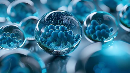 collection of nanomedical, slightly textured, metallic, opaque, futuristic spheres. Each of the spheres has a few pharmaceutical blue micro-spheres spread across the surface of the larger spheres.  - obrazy, fototapety, plakaty